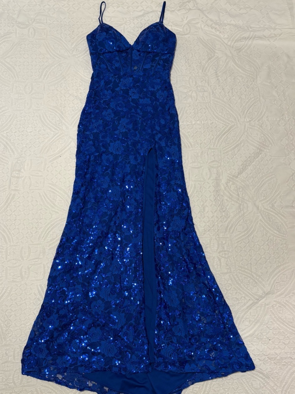 Blondie Nites Royal Blue Sequin Lace Spaghetti Strap Prom Dress